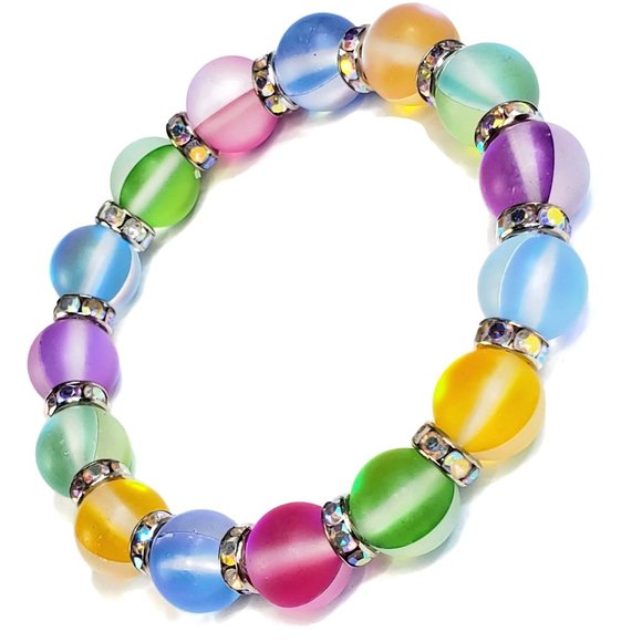 Multi Color Mat Glass Mermaid Beaded Stretch Bracelet - Picture 7 of 10